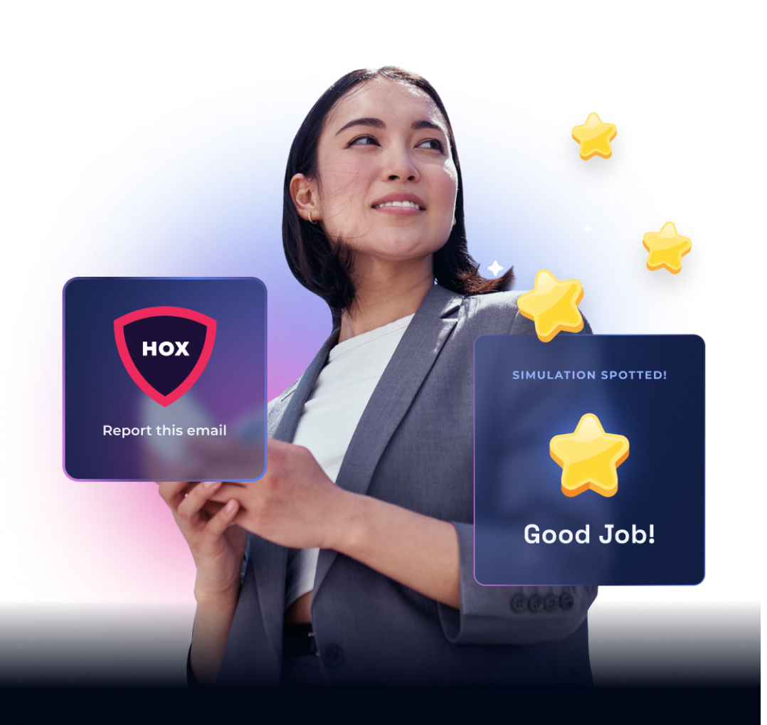 Woman reporting an email using the Hoxhunt button and getting rewarded with strars