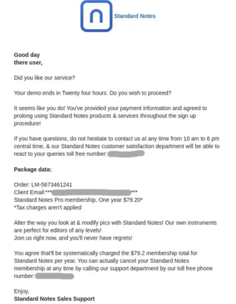 Standard Note invoice fraud example