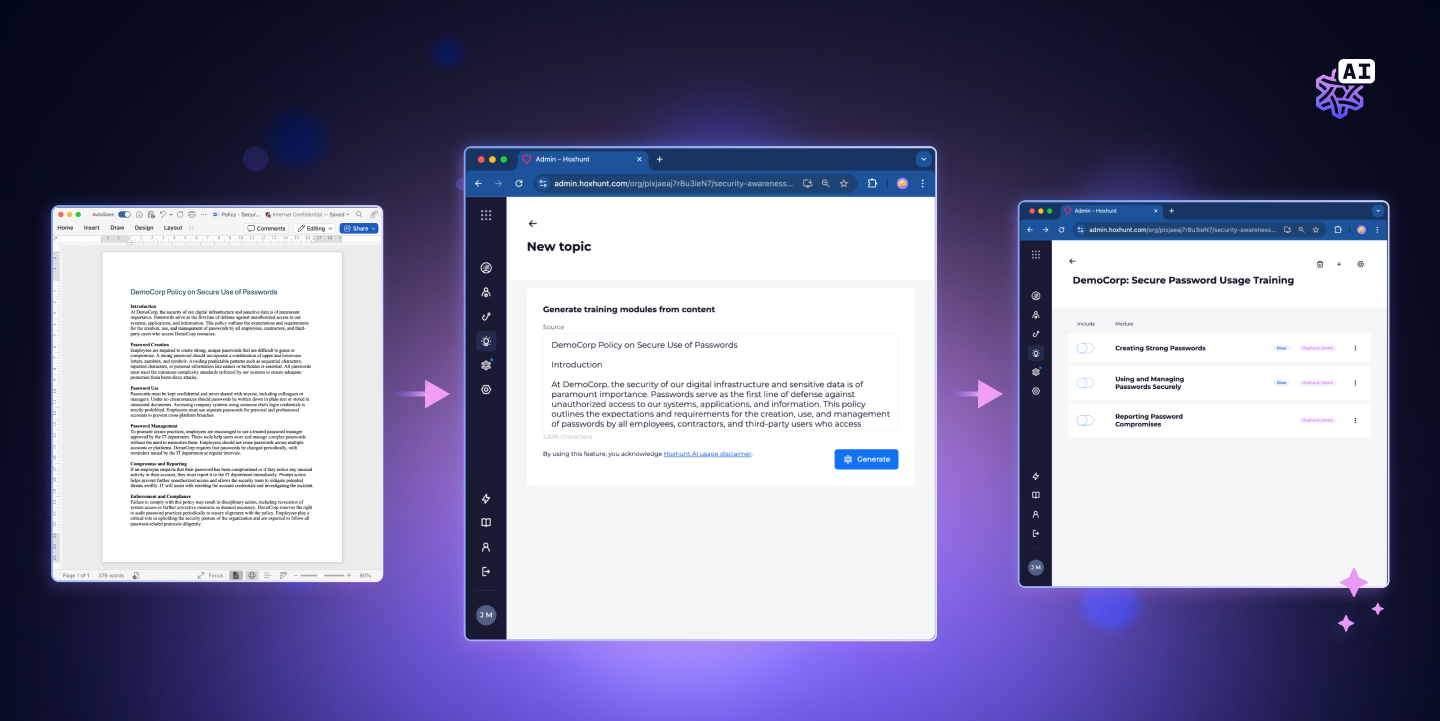 A text document is uploaded into Hoxhunt where it is transformed into awareness training lessons.
